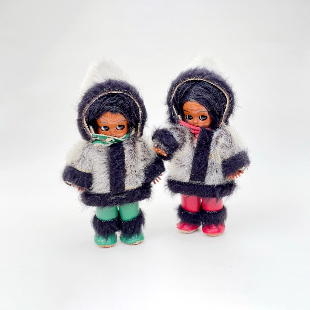 2 Vtg. 60s Knickerbocker/Carlson Mfg. 7" Hard Plastic Inuit-Eskimo-Native Doll
